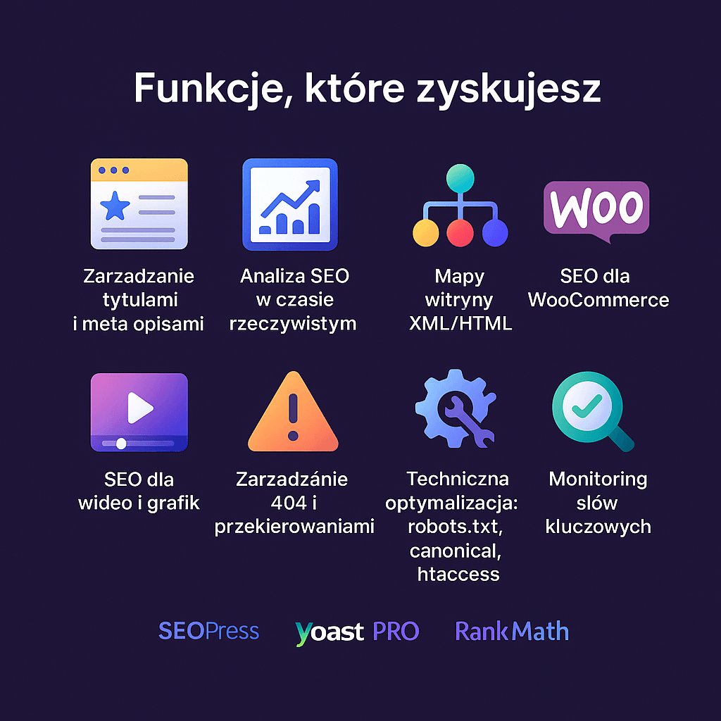 Funkcje SEO: zarządzanie, analiza, optymalizacja, monitoring.
