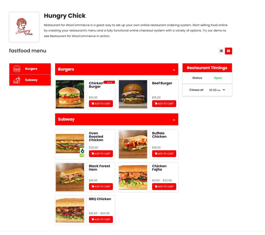 Online Menu restauracji: system woocommerce