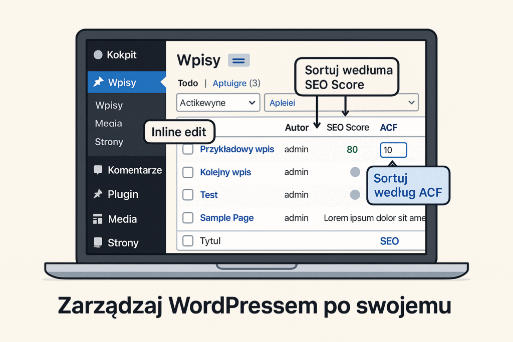 Interfejs WordPress z opcjami sortowania i edytowania