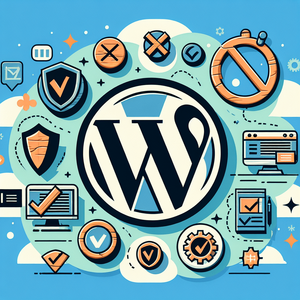 Ilustracja z logo WordPress i ikonami bezpieczeństwa.