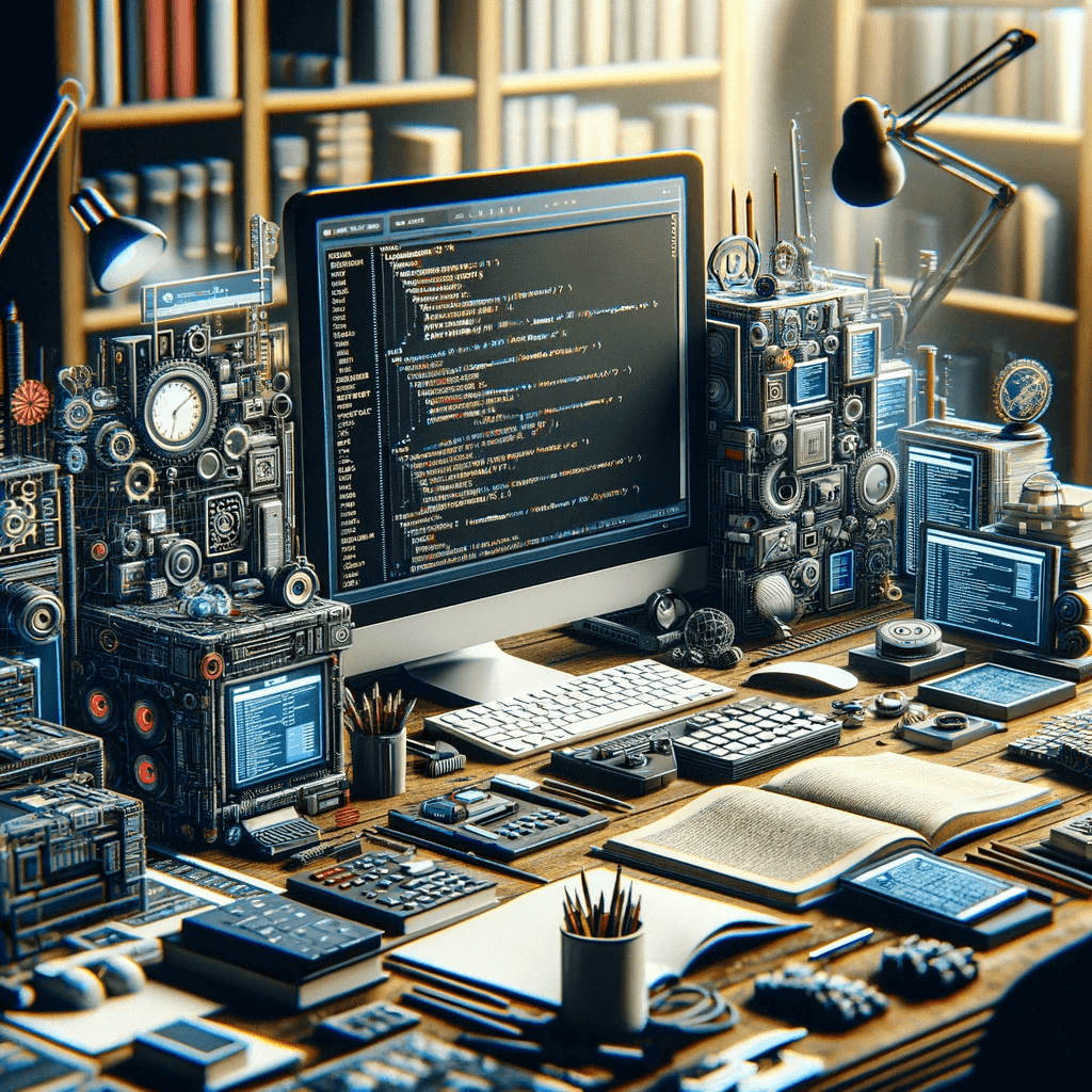 Biurko programisty z komputerem i elementami steampunk.