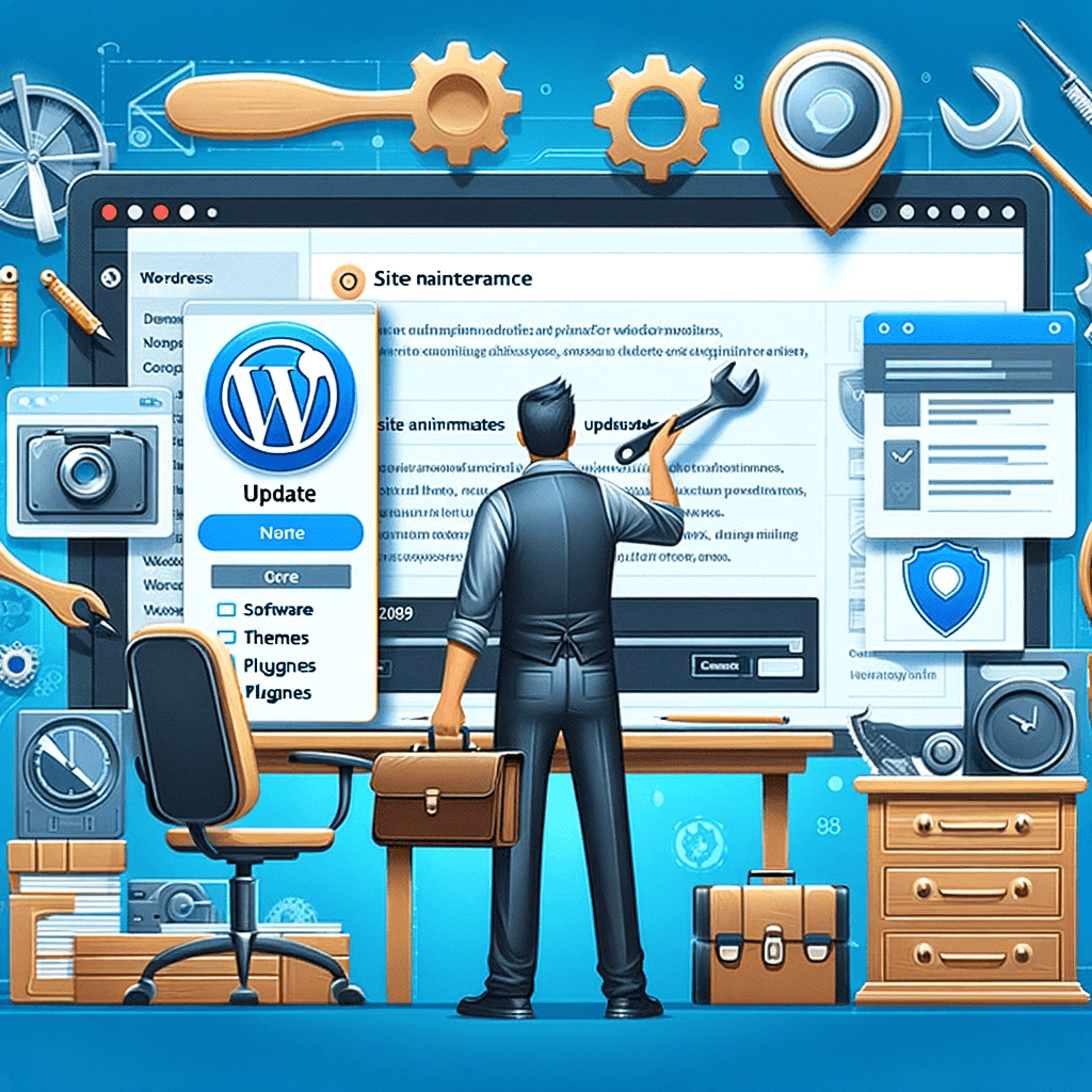 Ilustracja aktualizacji WordPress, zarządzanie stroną internetową.