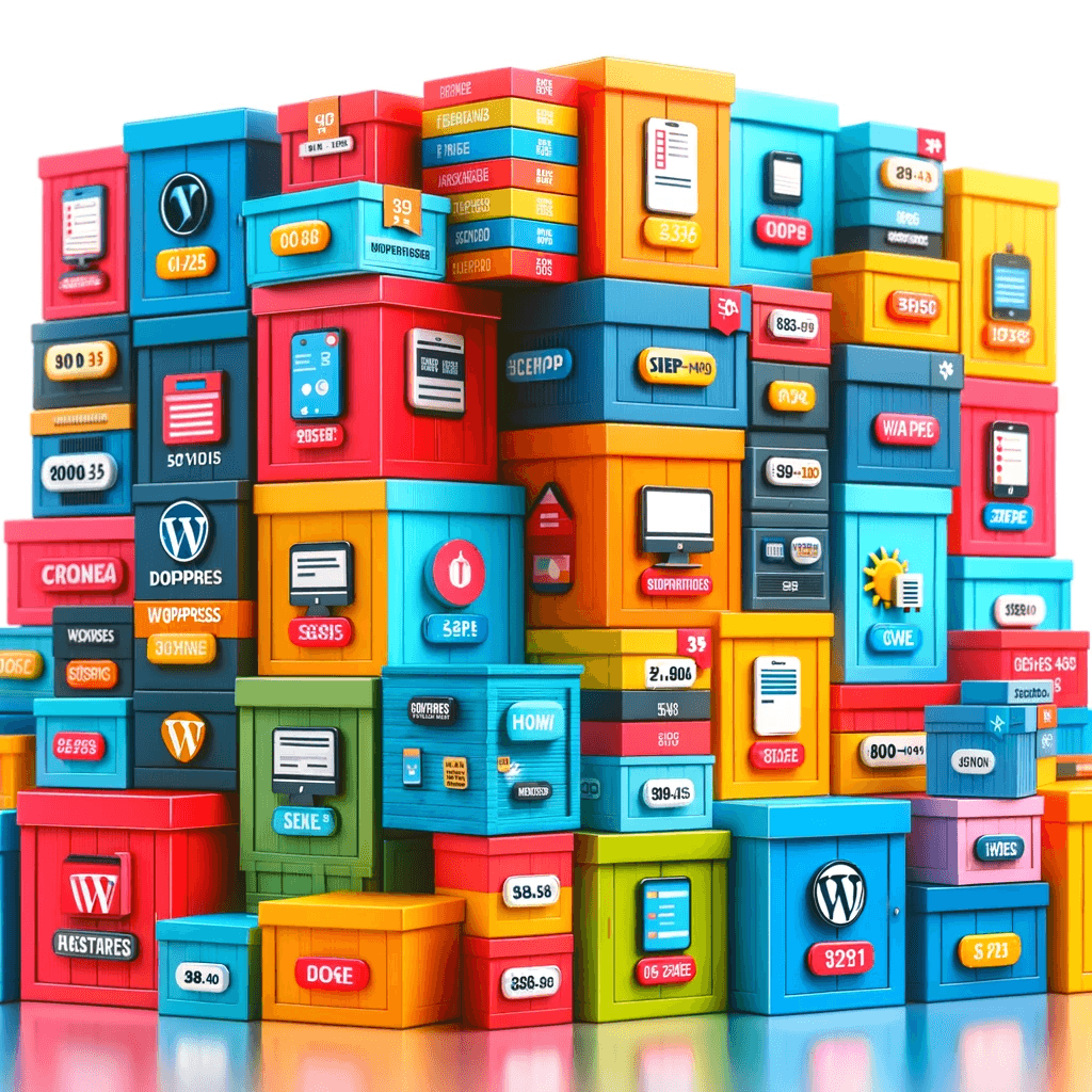 Kolorowe kontenery logistyczne z fikcyjnymi etykietami.