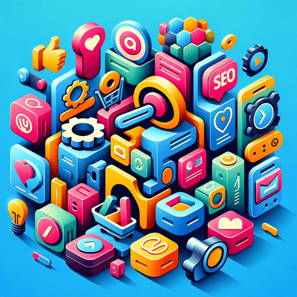 Kolorowa ilustracja, ikony cyfrowego marketingu i SEO.