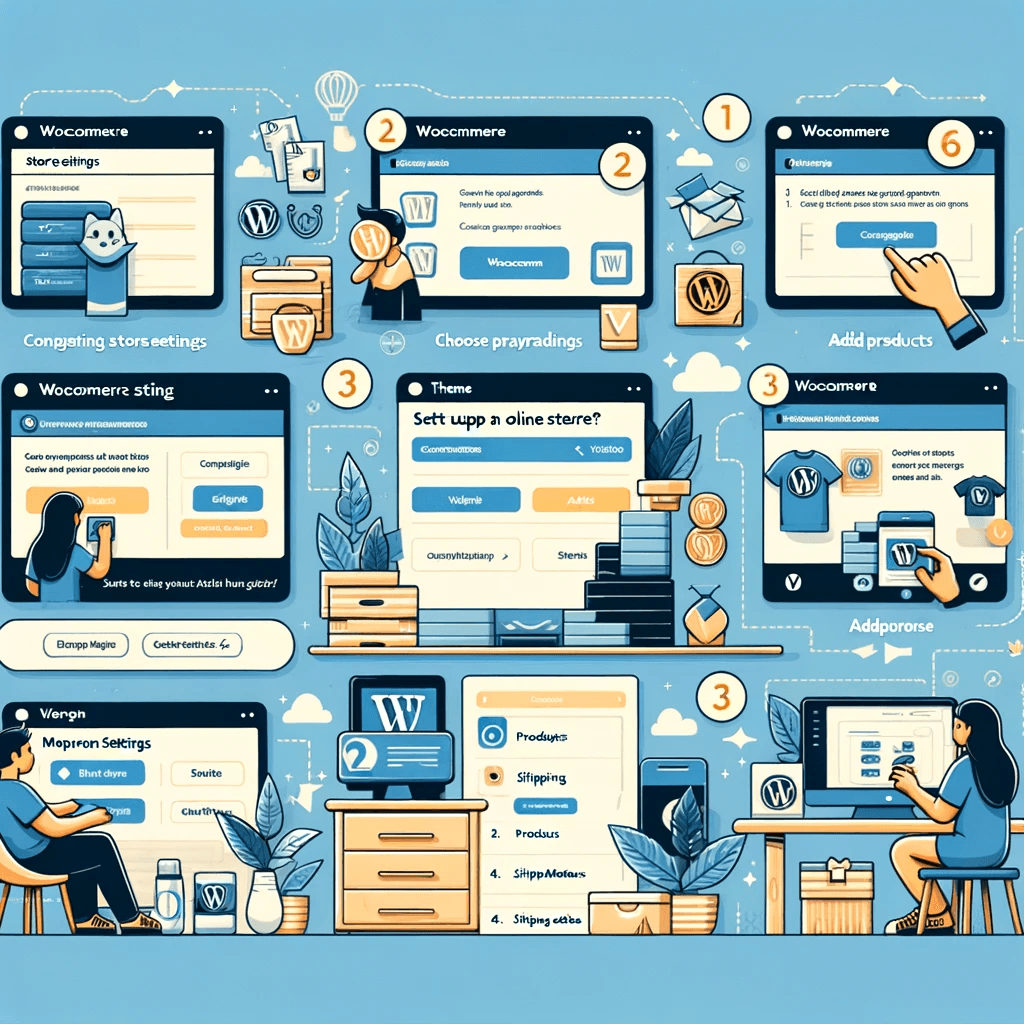 Infografika kroków konfiguracji sklepu internetowego WooCommerce.
