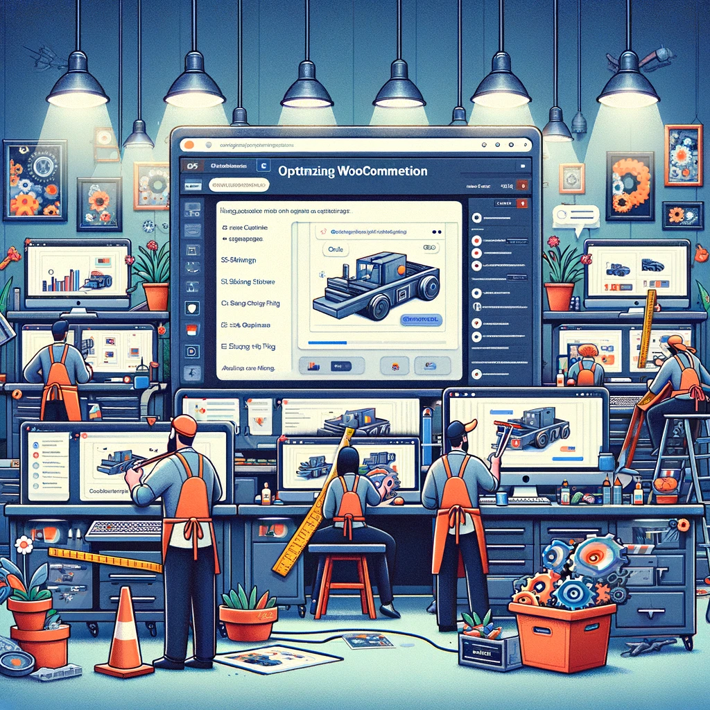 Ilustracja biura z pracownikami i komputerami.