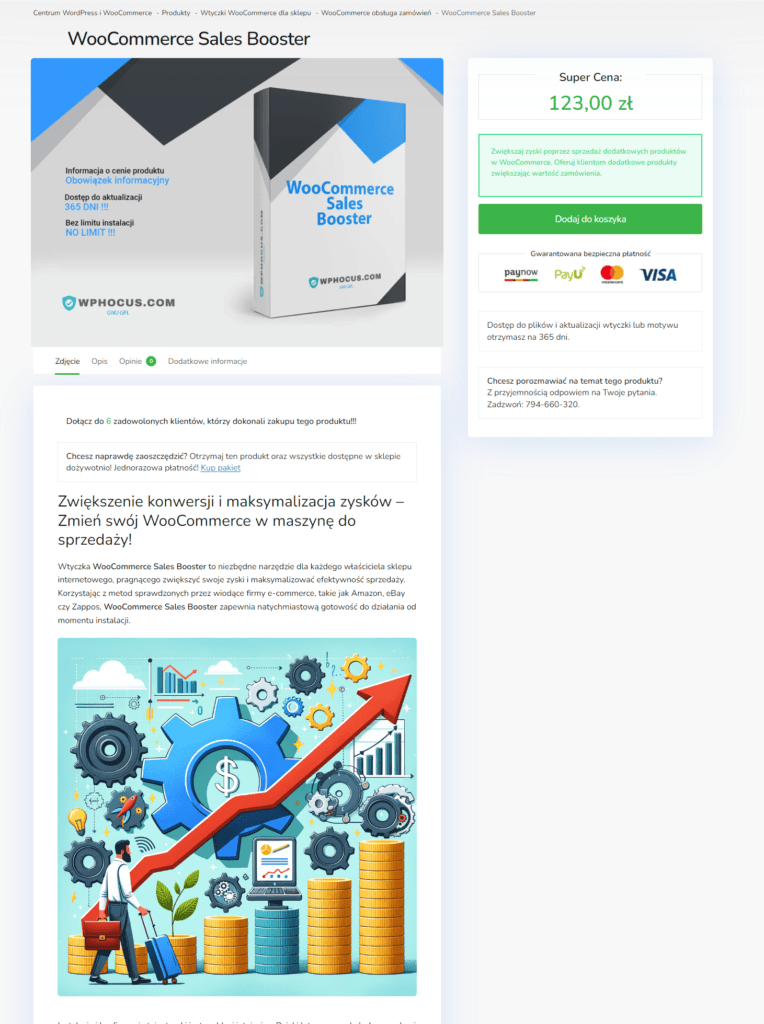 Opakowanie WooCommerce Sales Booster i informacje promocyjne.