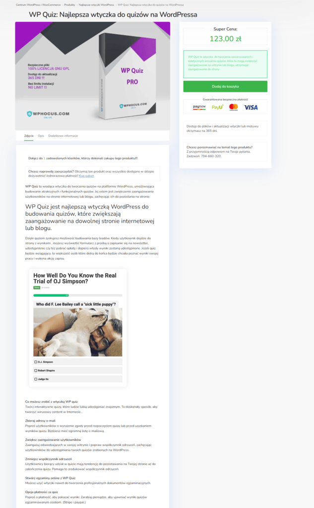 Strona internetowa prezentująca wtyczkę quizową WP Quiz Pro.