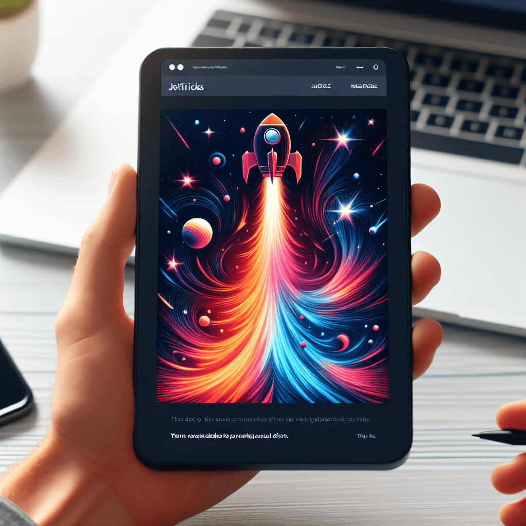 Grafika rakiety startującej w kosmos na tablecie.