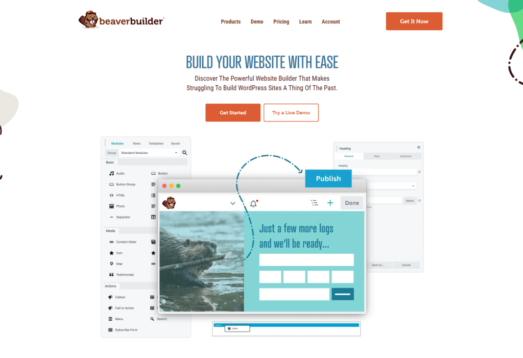 Interfejs budowania strony internetowej Beaver Builder.