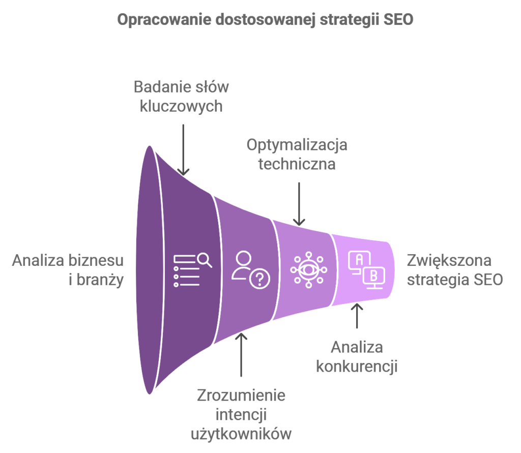 Opracowanie dostosowanej strategii SEO przedstawione jest jako lejek, w którym proces zaczyna się od Analizy biznesu i branży, następnie przechodzi przez Badanie słów kluczowych, Zrozumienie intencji użytkowników, Optymalizację techniczną i Analizę konkurencji, aby finalnie osiągnąć Zwiększoną strategię SEO.