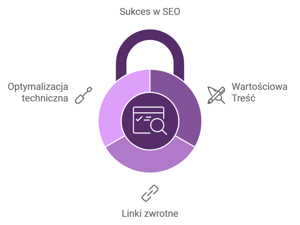 Sukces w SEO jest przedstawiony jako kłódka, symbolizująca trzy kluczowe elementy: Optymalizację techniczną z ikoną klucza, Wartościową treść z ikoną ołówka oraz Linki zwrotne z ikoną łańcucha.