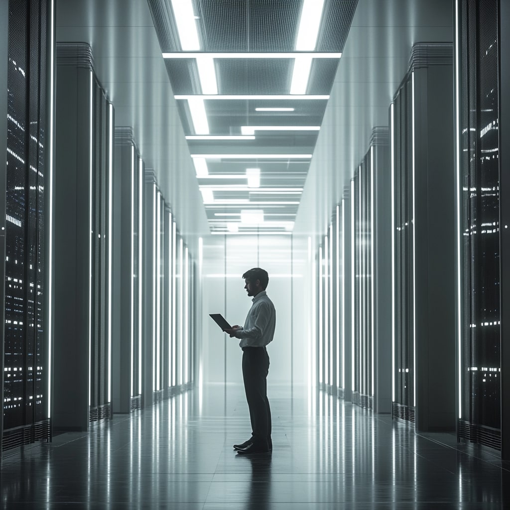 Mężczyzna z laptopem w centrum danych.