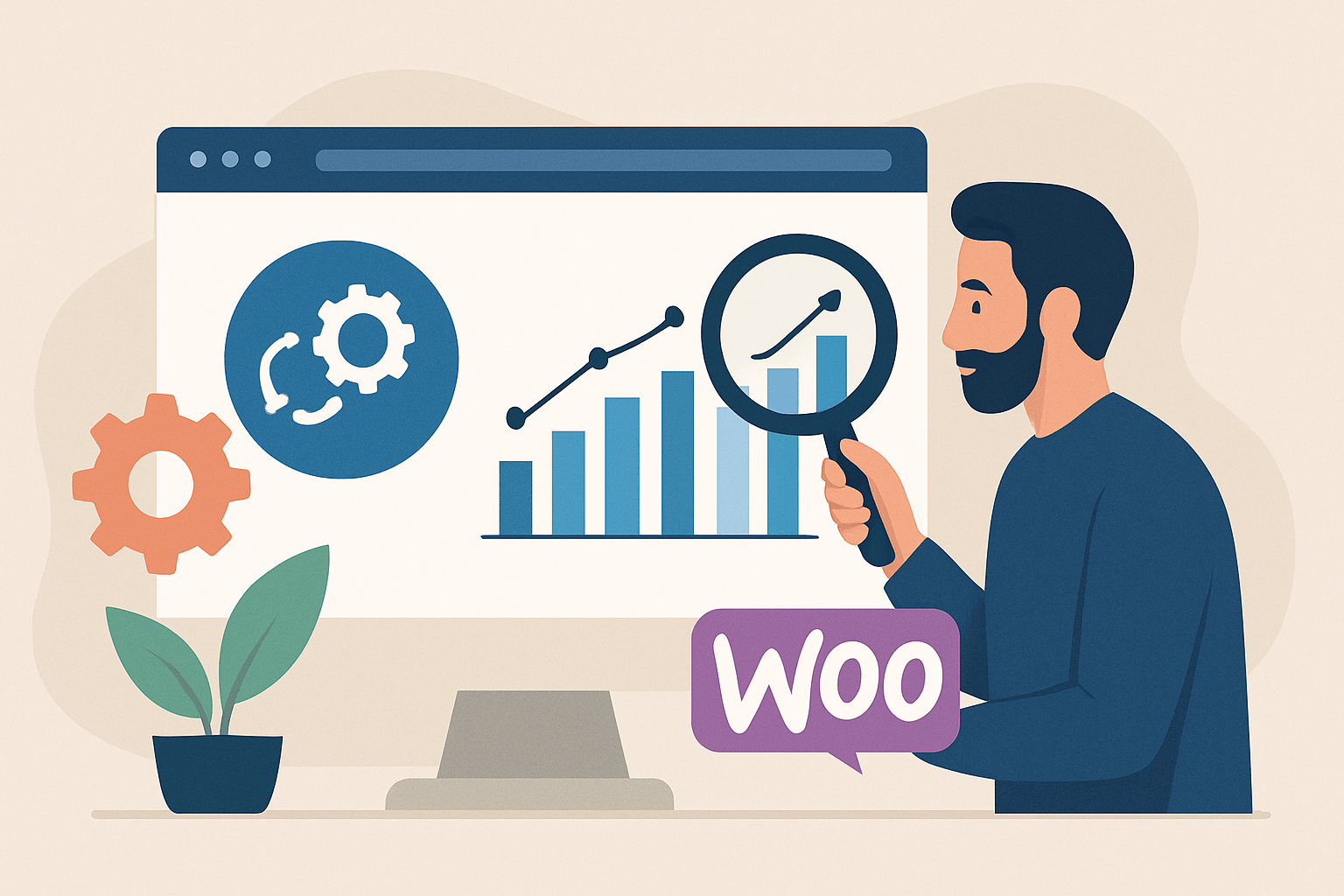 Analiza wykresów e-commerce na komputerze z WooCommerce.