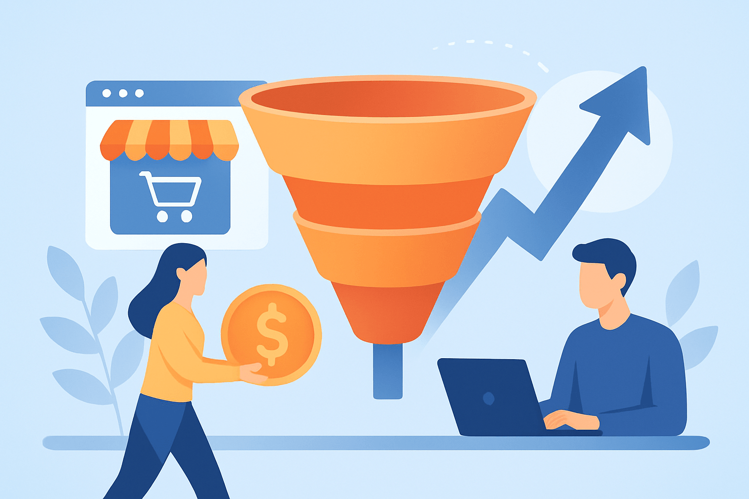 Ilustracja lejka marketingowego i wzrostu sprzedaży online.