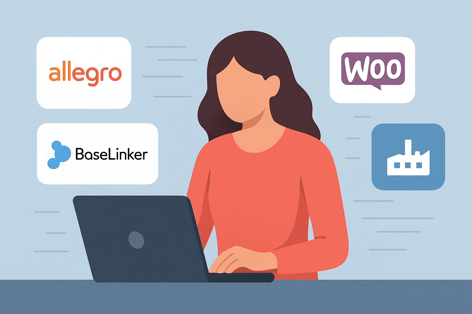 Kobieta przy laptopie z logo Allegro, Woo, BaseLinker