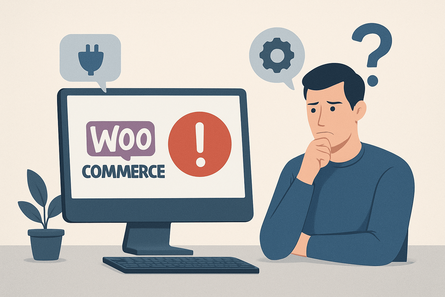 Mężczyzna zastanawiający się nad problemem WooCommerce