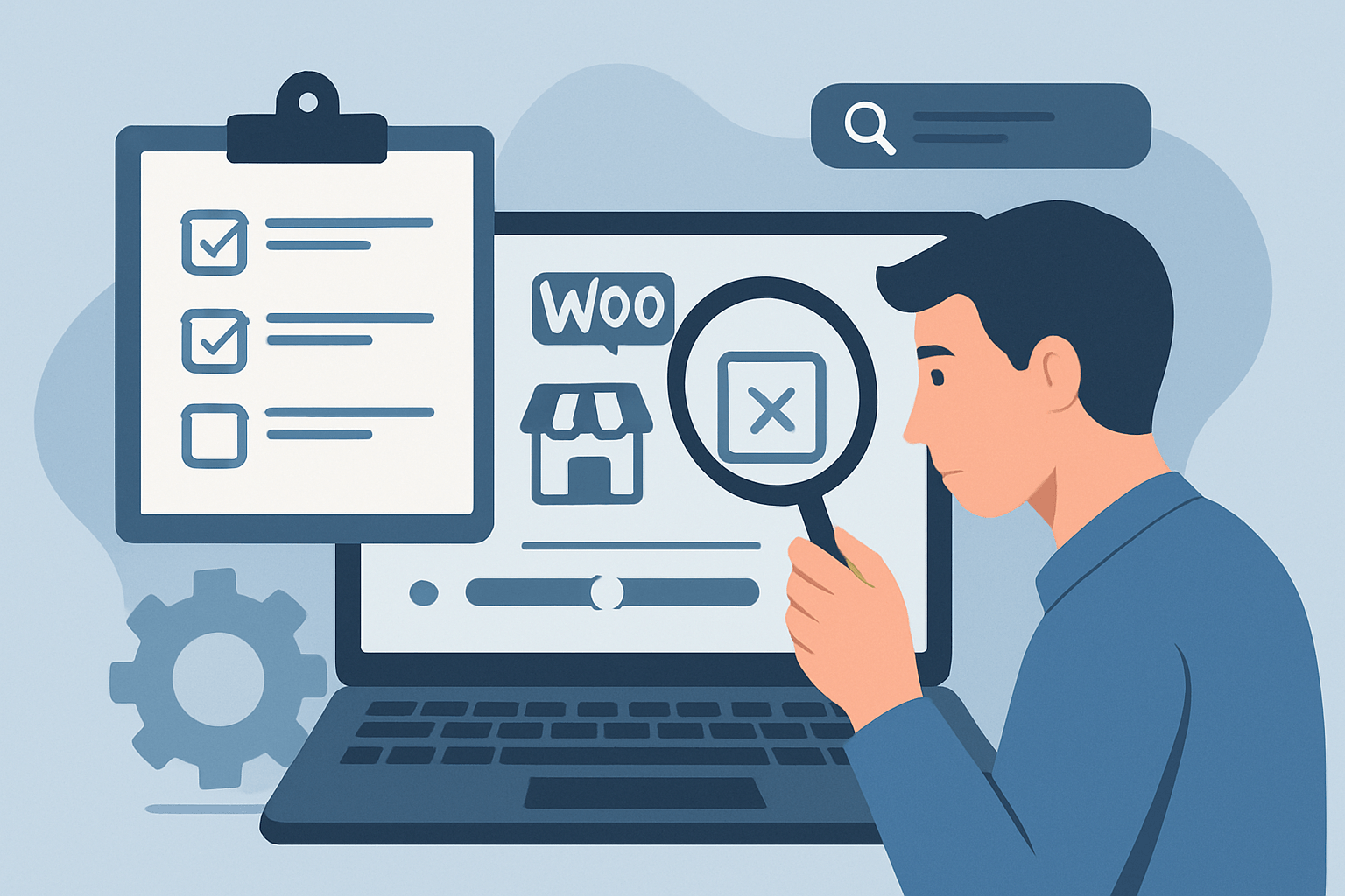 Mężczyzna analizuje sklep WooCommerce na laptopie