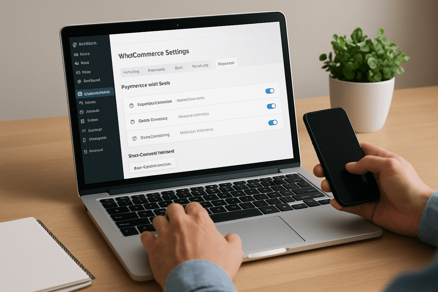 Ustawienia WooCommerce na laptopie i smartfon w dłoni