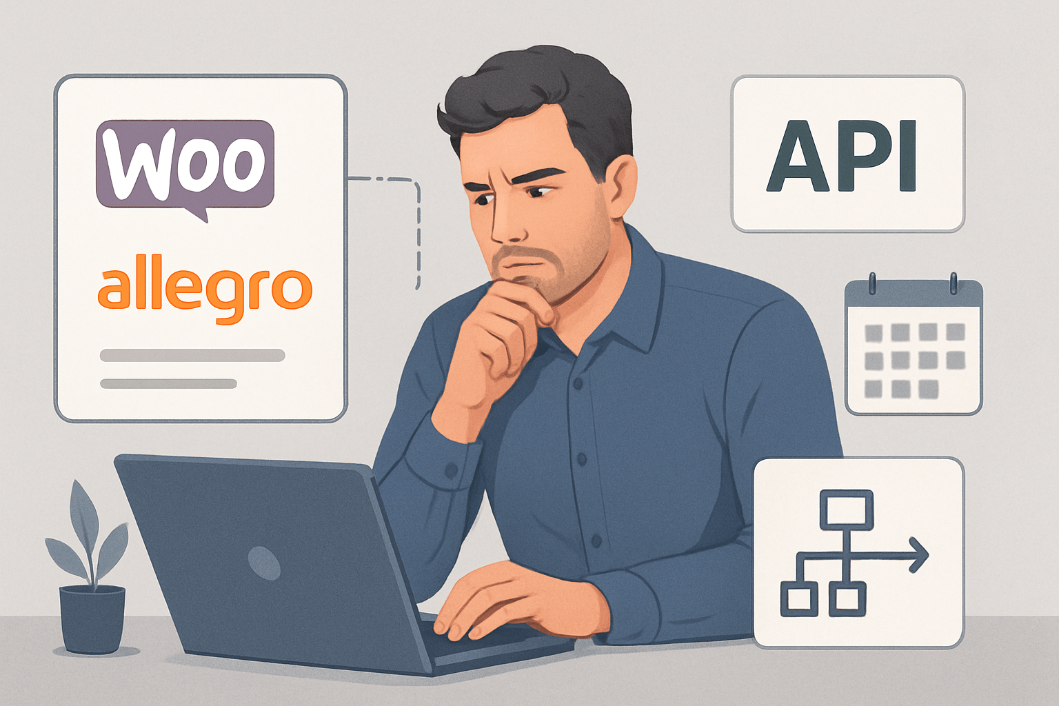 Mężczyzna analizuje integrację WooCommerce z Allegro przez API