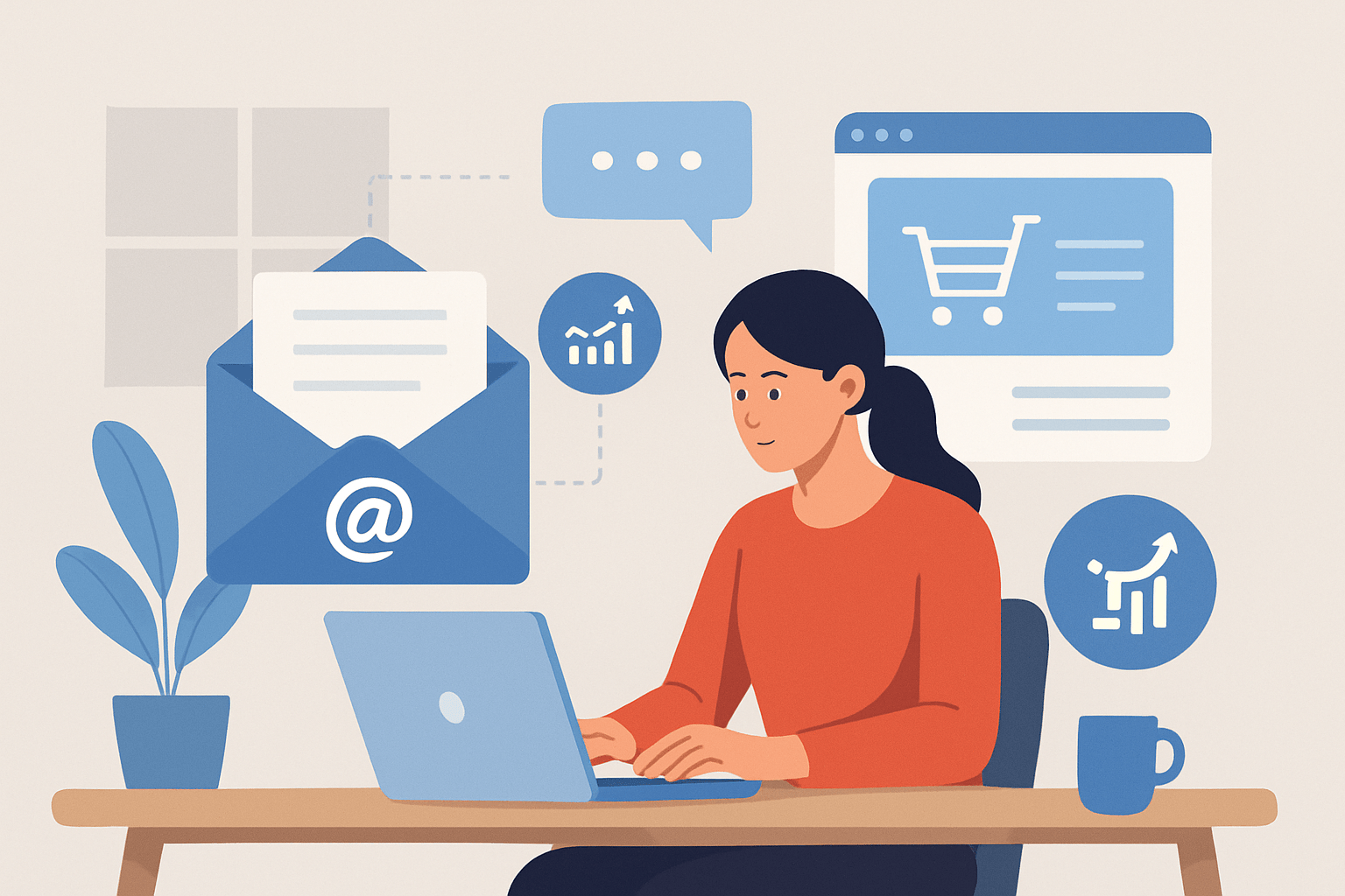 Kobieta pracująca przy laptopie, ikony marketingu online