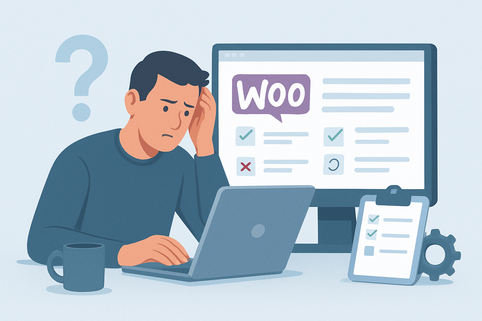 Zmartwiony mężczyzna pracuje przy laptopie z WooCommerce