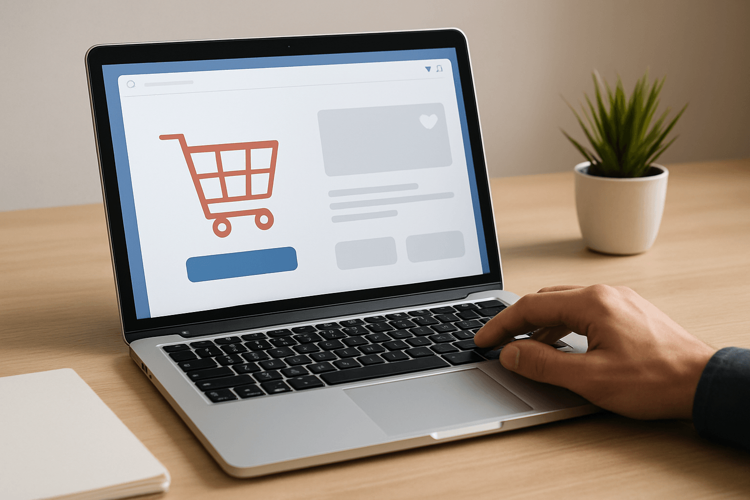 Laptop z ikoną koszyka zakupowego na ekranie