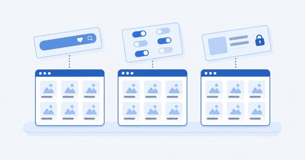 Ilustracja: trzy okna sklepu internetowego na wspólnej podstawie, nad każdym inna nakładka z dodatkowymi funkcjami — wybór dodatku Pro do darmowego motywu