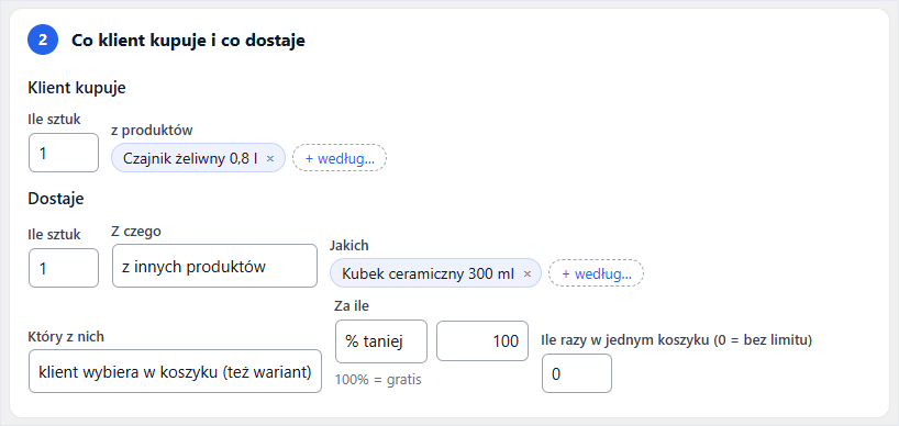Ustawienia promocji Kup X, dostań Y w Conditional Promotions: kup 1 czajnik żeliwny, dostań 1 kubek ceramiczny 100% taniej, klient wybiera gratis w koszyku, także wariant