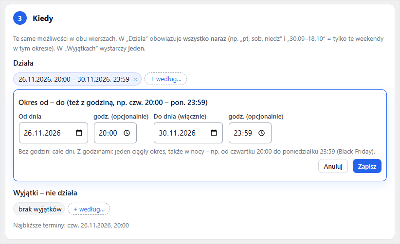 Harmonogram Black Friday w Conditional Promotions: jeden ciągły okres z godzinami, od czwartku 26.11.2026, 20:00 do poniedziałku 30.11.2026, 23:59