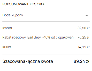 Podsumowanie koszyka: 3 opakowania Earl Grey za 82,50 zł, rabat ilościowy −10% od 3 opakowań −8,25 zł, razem z kurierem 89,24 zł