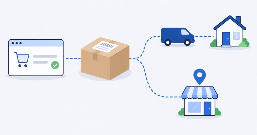 Schemat wysyłki ze sklepu WooCommerce: zamówienie, paczka z etykietą i dwie drogi doręczenia — kurierem pod drzwi albo do punktu odbioru