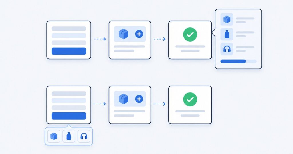 Dwie ścieżki zakupu w sklepie WooCommerce: strona zamówienia, propozycja dodatkowego produktu i podziękowanie; przy jednej wysuwany koszyk boczny, przy drugiej produkty kupowane razem