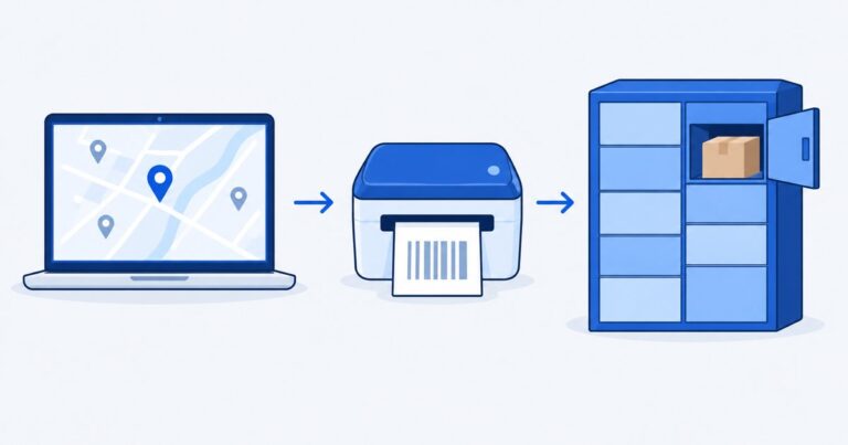 Wysyłka do paczkomatu ze sklepu WooCommerce: wybór punktu na mapie, etykieta z drukarki i paczka w otwartej skrytce automatu